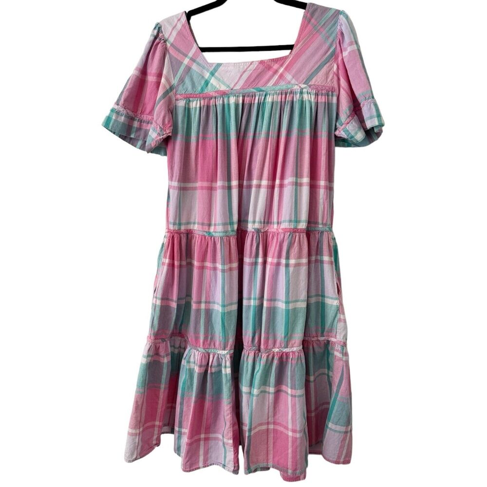 Phases Vintage Pink Green Plaid Tiered Midi Dress Sz Large Boho Preppy Romantic